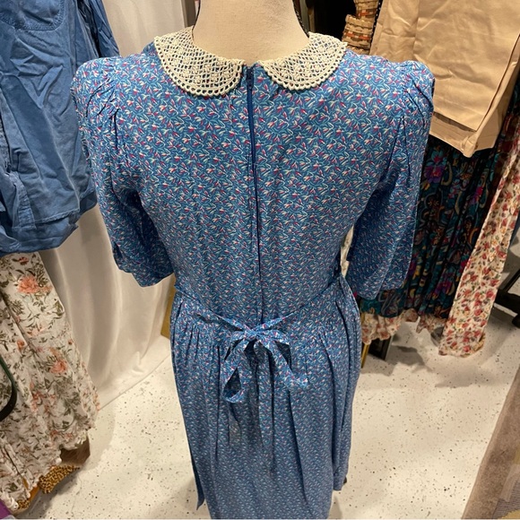 Vintage blue floral retro 60’s-70’s dress lace pockets midi milkmaid prairie - Picture 11 of 15